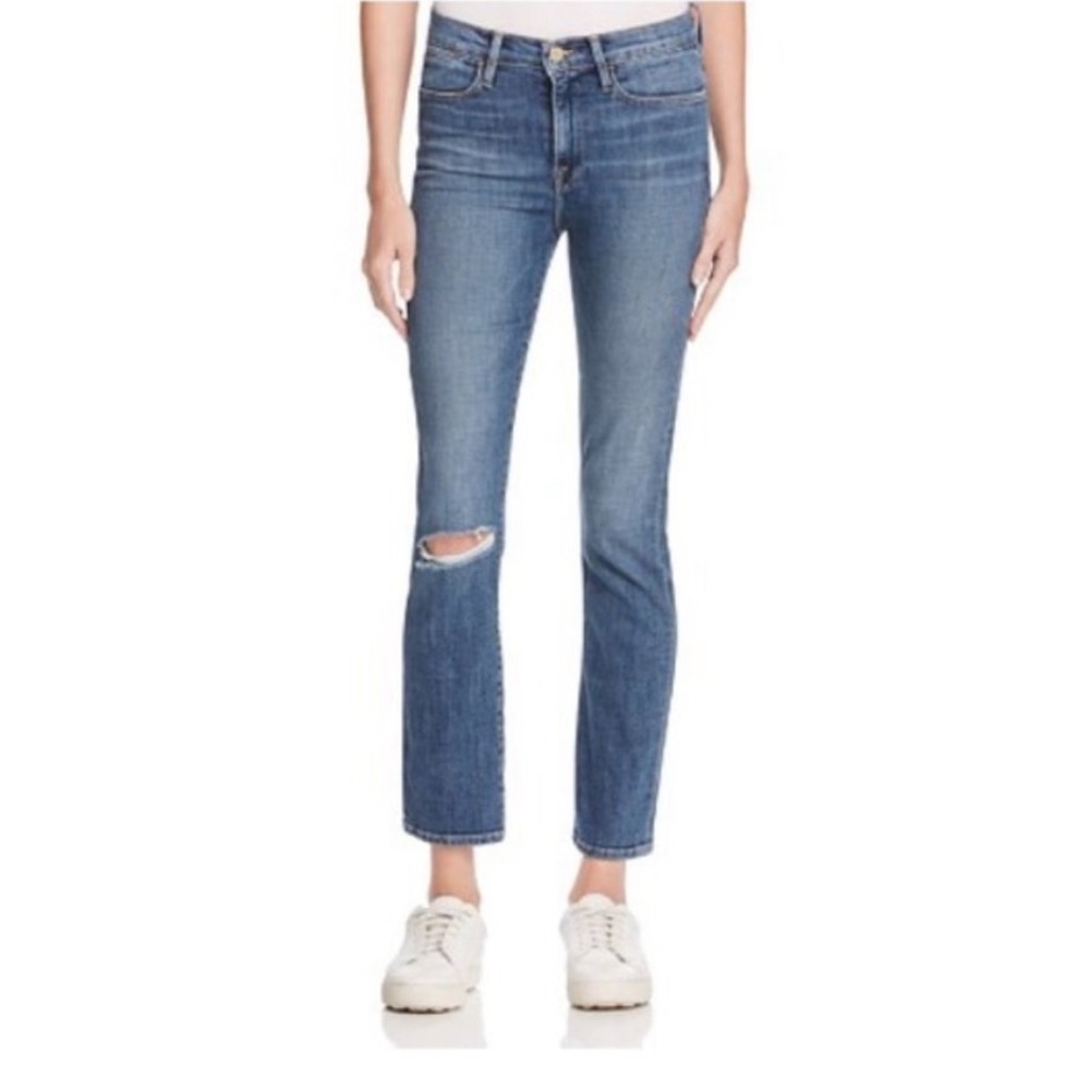 FRAME Le High Straight Ankle Jeans Broadway Distressed Size 26 Denim Blue